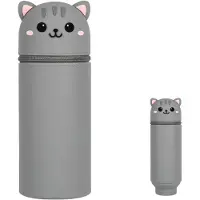 Markenlos 2-in-1 Silikon-Federmäppchen, niedliches, weiches Silikon-Federmäppchen für Mädchen, Jungen und Kinder, Tier-Stifthalter, erweiterbares Federmäppchen mit Reißverschluss – Katze