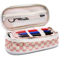 Markenlos Kariertes Federmäppchen, ästhetisches, erweiterbares Federmäppchen mit 4 Fächern, Federmäppchen mit großem Fassungsvermögen, Federmäppchen für Teenager, für Jungen und Mädchen (rosa und weiß)