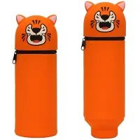 Markenlos Federmäppchen mit orangefarbenem Tigermotiv, 2-in-1-Federmäppchen aus Silikon, Schulgeschenk für Mädchen, mit Reißverschluss, für Buntstifte und Filzstifte, 20 cm hoch