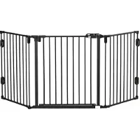 PawHut Hunde Absperrgitter Türschutzgitter Haustierschutzgitter verstellbar klappbar Kamingitter mit automatische schließenden Tür 3 Paneele für Ofen Wandmontage/Freistehend Schwarz 202,5 x 76 cm