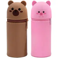 Markenlos 2 Silikonhüllen, erweiterbar, 2-in-1-Federmäppchen mit Reißverschluss, vertikal, braun, rosa