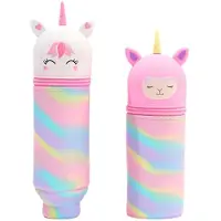 Markenlos Set aus 2 Silikon-Federmäppchen mit Einhornmotiv, 2-in-1, niedliche Federmäppchen mit Cartoon-Tierdruck, weiche Silikon-Reißverschlusstasche, Schulbedarf für Schülerinnen und Teenager.
