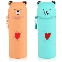 Markenlos 2 weiche Silikonhüllen, 2-in-1 Stiftehalter mit Bärenmotiv, 19,5 x 6,3 cm Hülle und Stiftehalter für Schüler, Teenager und Erwachsene (hellorange, grün)