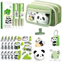 Markenlos Panda-Federmäppchen, 15-teiliges Schulset mit Federmäppchen, Textmarkern, Gelstiften, Lineal, Aufklebern, Panda-Schreibset für Kinder, Schüler, Mädchen und Jungen