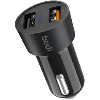 Budi , Kfz Ladegerät USB-A Doppelport QC 3.0 2.4A mit LED, Schwarz