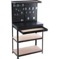 Relaxdays Werkbank, HBT: 156x81x41 cm, 3 Ebenen, mit Schublade, Lochwand & Zubehör, Stahl & MDF, Werkstattregal, schwarz