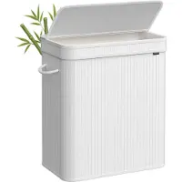 Songmics Wäschekorb 2 Fächer 100 L mit Deckel Wäschesack Bambus wolkenweiß LCB063W01