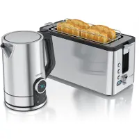 Arendo Frühstücks-Set Edelstahl, Wasserkocher Toaster Set, Wasserkocher mit Temperatureinstellung 1,7l, Toaster 2 Scheiben Langschlitz, Brötchenaufsatz, silber