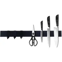 Chefgastro Magnetleiste magnetische Messerleiste Messerhalter aus Metall, HxBxT 4x40x1,5cm, Inkl. 3 schwarze Haken, Schwarz, zum Kleben oder Schrauben
