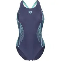 Arena Badeanzug "WOMEN'S GRID SWIMSUIT V BACK GRAPHIC", Damen, Gr. 36, N-Gr, blau (navy, water), Obermaterial: 80% Polyamid, 20% Elasthan, Badeanzüge Badeanzug