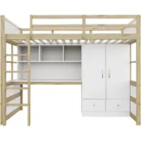 Youjia Hochbett 90 x 200 cm, Mit Leiter, Mit Schreibtisch mit Stauraum, Mit Kleiderschrank und Schubladen, , Jugendbett, Einzelbett