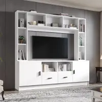 MODFU Wohnzimmermöbel-Set Wohnwand-TV-Möbelset mit 2 Schränken, 2 Schubladen, 11 Staufächern,Anbauwand Wohnzimmerwand mit Offenen Fächern und Regal,Weiß