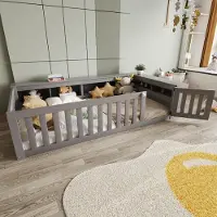 MODFU Kinderbett ohne Matratze 90x200 Jugendbett mit Sicherheitsgitter,Bodenbett mit reichlich Staufächern und Stauraum,Einzelbett mit Rundum-Sicherheitsschutz ,Grau