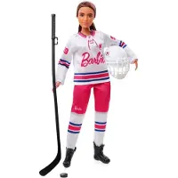 Barbie Wintersport Eishockeyspielerin-Puppe brünett, kurvige Form (30 cm) mit Hemd, Helm, Hockeyschläger, Puck & Trophäe, für Kinder ab 3 Jahren