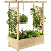 Costway Hochbeet mit Rankhilfe, Rankgitter & hängendem Dach, Pflanzkasten, Blumenkasten Pflanzgefäß für Kletterpflanzen, hängende Körbe Natur