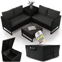 Juskys Polyrattan Lounge Santorini inkl. Abdeckung - Sitzecke mit Beistelltisch & Auflagenbox - Schwarz