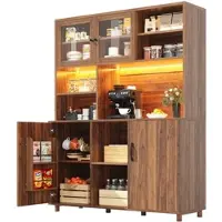OKWISH Hochschrank 140x40x185 cm Walnussbraun mit LED-Beleuchtung appgesteuert, Schiebetüren aus Sicherheitsglas, 3 verstellbare Ebenen, USB-Anschluss