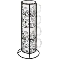 Secret De Gourmet Keramik-Kaffeebecher-Set mit Metallständer - 4 Stück, Weiß, 240 ml