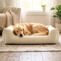 4L Textil Mario Orthopädisches Hundebett aus Kunstleder Beige 100x70 cm Memory Foam Robust Wasserabweisend Für Mittelgroße Hunde Hundekorb Kunstleder