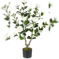 Costway 90 cm Künstlicher Baum mit Blumen, Künstlicher Kamelienbaum, Künstliche Pflanze im Topf, Kamelienpflanze mit 16 Blumen