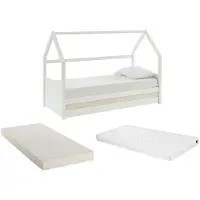 Vente-unique Ausziehbett Hausbett mit Matratze - Kiefernholz - 2 x 90 x 190 cm - Weiß - HURRA