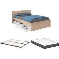 Vente-unique Bett mit 2 Schubladen 140 x 190 cm - Natur und weiß glänzend + Rahmen + Matratze - VELONA