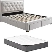 Vente-unique Polsterbett mit Schubladen + Matratze - 160 x 200 cm - Stoff - Beige - LEOPOLD