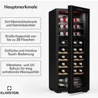 Klarstein Bovella 36 Duo+ Weinkühlschrank | 2-in-1 | 36 Flaschen | 2 Zonen | 7 Regale | Touch Schwarz