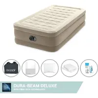 Intex Luftbett - 1 Person - 99 x 191 x 46 cm - Beige - Mit eingebauter Pumpe, Spannbettlaken Weiß, Kopfkissen, Molton 2 in 1 Kissenbezüge en Reperaturset