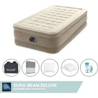 Intex Luftbett - 1 Person - 99 x 191 x 46 cm - Beige - Mit eingebauter Pumpe, Spannbettlaken Anthrazit, Kopfkissen, Molton 2 in 1 Kissenbezüge en Reperaturset