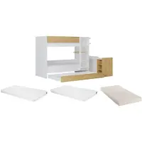 Vente-unique Etagenbett mit zusätzlichem Ausziehbett & 2 Schreibtischen + Matratzen - 3 x 90 x 190 cm - Weiß & Holzfarben - DOMATI