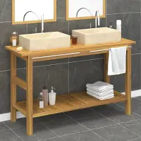 The Living Store Waschtisch mit Creme Marmorbecken Massivholz Teak