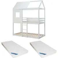 Vente-unique Haus Etagenbett 2 x 90 x 190 cm - Kiefernholz und MDF - Weiß + Matratze - LIDOVARA