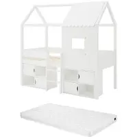 Vente-unique Halbhohes Bett in Hausoptik + Matratze - 90 x 190 cm - Kiefer & MDF - Weiß - VALESKIA