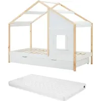 Vente-unique Häuschenbett 90 x 190 cm – Mit Schublade + Matratze – Kiefer & MDF – Weiß/Natur – RINELYA