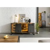 MASSIVMOEBEL24.DE Sideboard Mango / Altholz 180x45x90 natur / grau lackiert / Metall grau BLACKBURN LUX #552