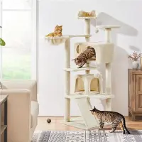 Yaheetech Kratzbaum 146 cm Katzenbaum mit 2 Katzenhöhlen & 3 Aussichtsplattformen, Beige
