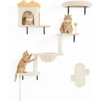 Yaheetech Katzen Kletterwand, 4er Set, inkl. Katzenhöhle Katzenliege Plattformen Kratzbrett & Katzenkorb, Beige