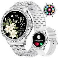 Lige Smartwatch Damen Bluetooth Anrufe für Android iOS 1,32" HD Full Touch Screen Frauen Fitnessuhr Silber Diamant Edelstahl,Herzfrequenz,Schlaf Monitor,Schrittzähler, Kalorien,100+ Sport Mode