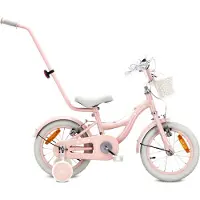 Sun baby Mädchenfahrrad 14 Zoll mit Glocke Zusatzrädern und Schubstange Kinderfahrrad für Mädchen 3 4 5 Jahre Lernfahrrad Laufrad Retro Design Flower Bike Stüt