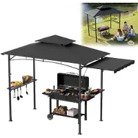 XMTECH Grillpavillon 245x141x253 cm mit Seitenvordach & Doppeldach, Grillzelt Gartenpavillon mit Metallrahmen, UV-Schutz, Grau