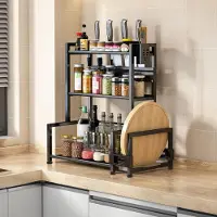 Markenlos Stehendes Gewürzregal, 3 Etagen, großes Fassungsvermögen, Küchenregal, Metall-Arbeitsplattenorganizer mit Besteckhalter, Schneidebretthalter, 6 Haken, schwarz
