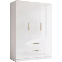 Mirjan 24 Kleiderschrank Calwi I 150, Schlafzimmer, Drehtürenschrank, mit Kleiderstange, Modern, Garderobenschrank, Metallgriffe (Farbe: Weiß / Weiß Hochglanz + Gold)