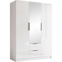 Mirjan 24 Kleiderschrank Calwi II 150, Schlafzimmer, mit Spiegel, Drehtürenschrank, mit Kleiderstange, Modern, Garderobenschrank, Metallgriffe (Farbe: Weiß / Weiß Hochglanz + Schwarz)