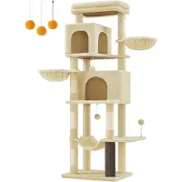 OEM XL Katzenturm - Großer Katzenturm - Kletterturm - Met Sisal bedeckte Stange - 175cm x 57cm x 45cm - Sandbeige Plüsch