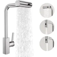 OEM Edelstahl-Drehhahn mit 360-Grad-Drehfunktion und abnehmbarer Sprühkopf, Hochdruck-Wasserhahn mit Mischfunktion und 3 verschiedenen Wasserstrahlen, geborstelter Wasserbrunnen mit drehbarer Düse.