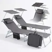 Arebos 2er set Sonnenliege klappbar mit Sonnendach, 4-fach verstellbar, Garten- & Strandliege mit Kopfkissen, Seitentasche, bis 120 kg, Anthrazit