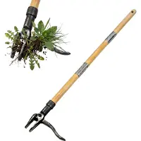 Relaxdays Unkrautstecher mit langem Stiel, 110 cm, Fußtritt, Bambus, Eisen, Unkraut jäten, Löwenzahnstecher, natur/grau