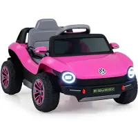 Costway Kinder Elektroauto VW, 12V Kinderauto elektrisch mit 2,4G Fernbedienung, Hupe, Musik, USB, Scheinwerfer&Stauraum, 2,5-4 km/h für Kinder 3+Rosa