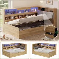 SUCCESS COURIER Hydraulisches Holz-Daybett mit Stauraum, USB-Ladestation & LED-Beleuchtung, ideal für Kinder & Jugendliche, Einzelbett 90x200, Natur